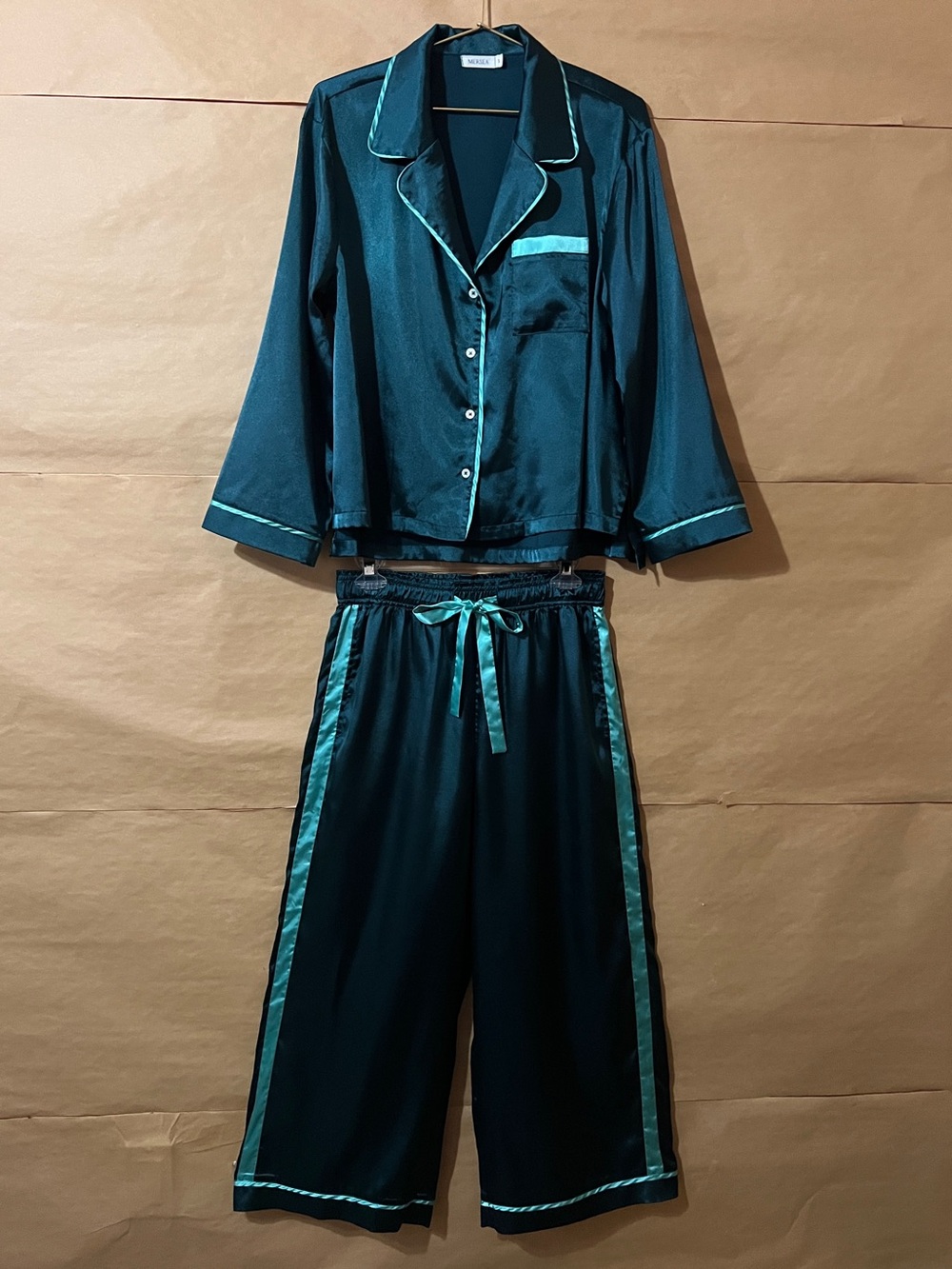 Mersea | Satin Sailor Pajama Set Button Top & Wide Leg Pants Side Stripe Size S